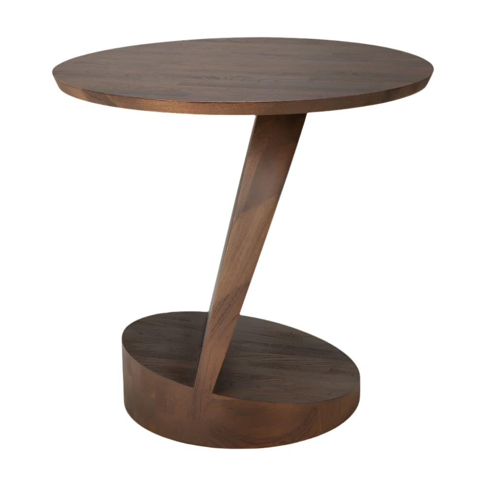 Table d'appoint sculpturale en teck massif avec plateau rond et piètement dynamique à espace négatif pour salon