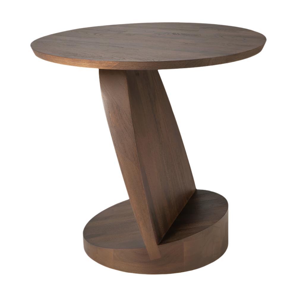 Table d'appoint sculpturale en teck massif avec plateau rond et piètement dynamique à espace négatif pour salon
