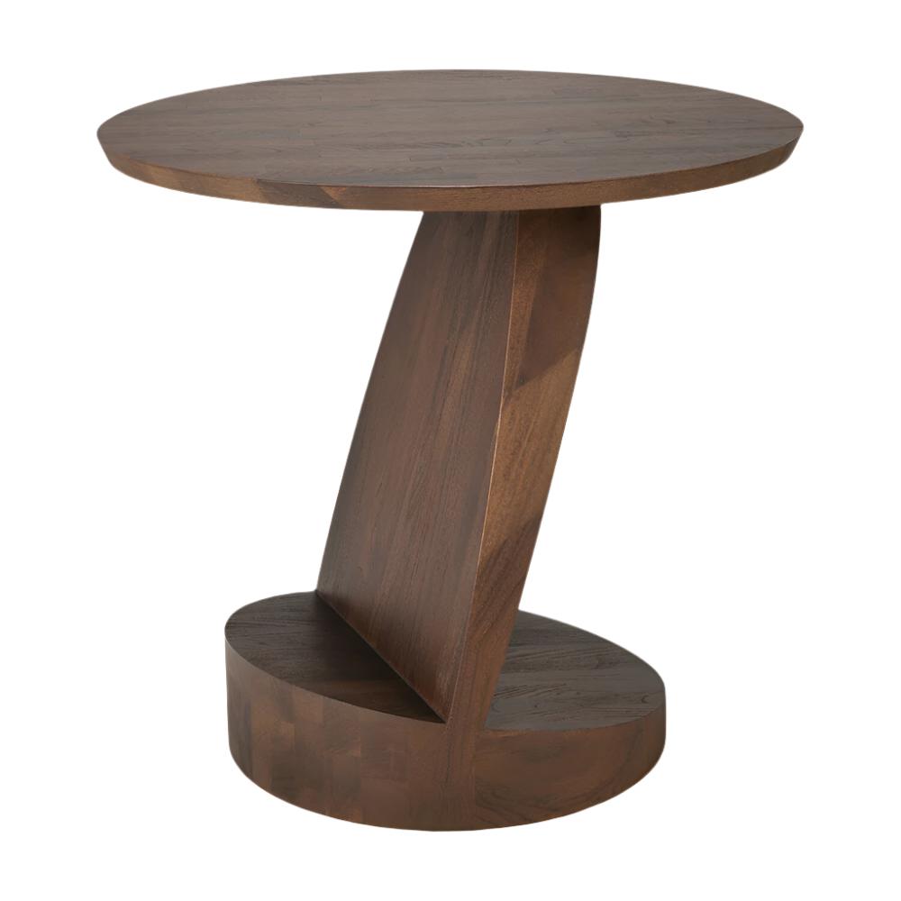 Table d'appoint sculpturale en teck massif avec plateau rond et piètement dynamique à espace négatif pour salon