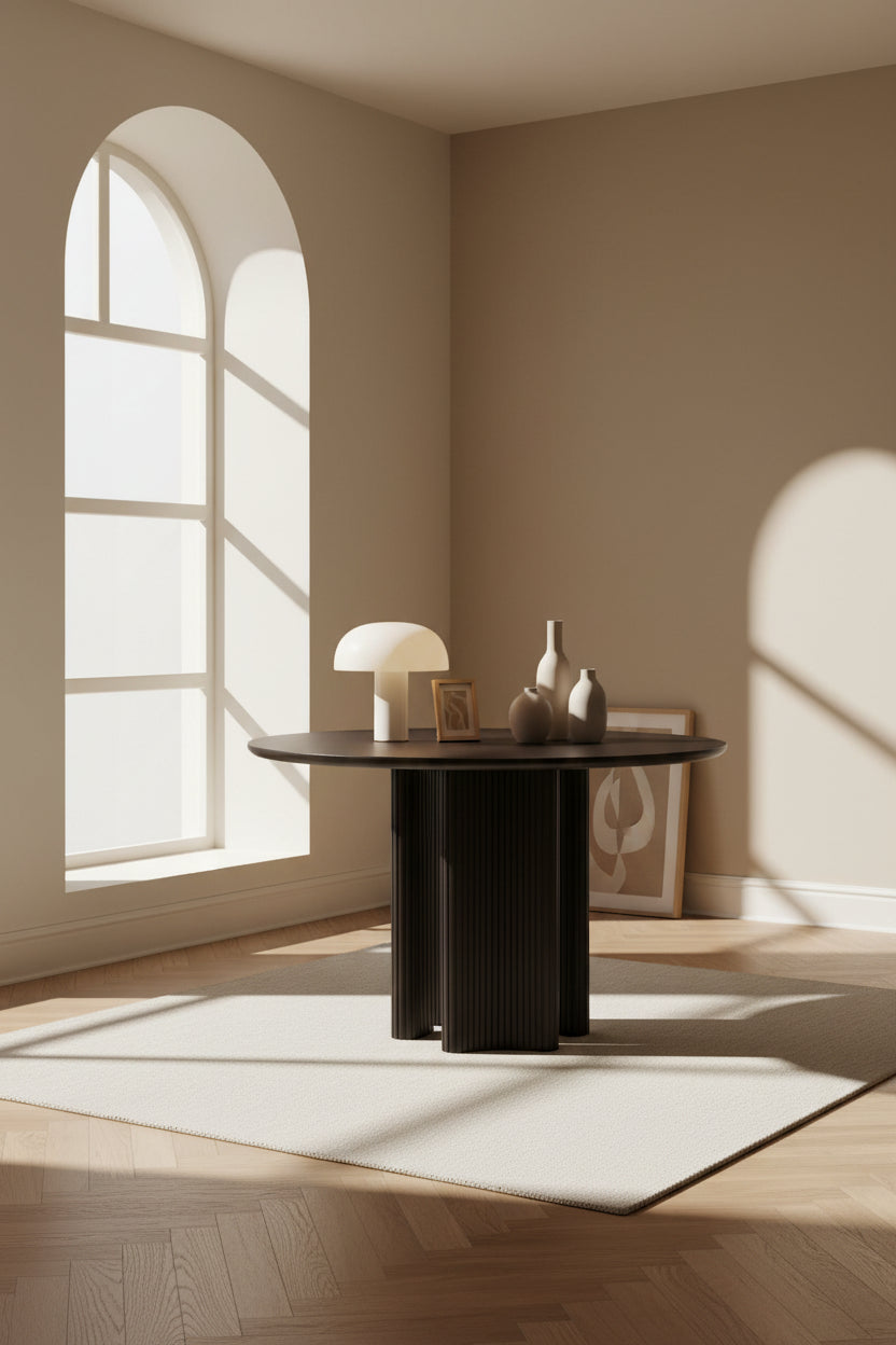 Table de salle à manger éclectique en bois d'acajou avec effet de bâtons empilés ronds et pieds réversibles