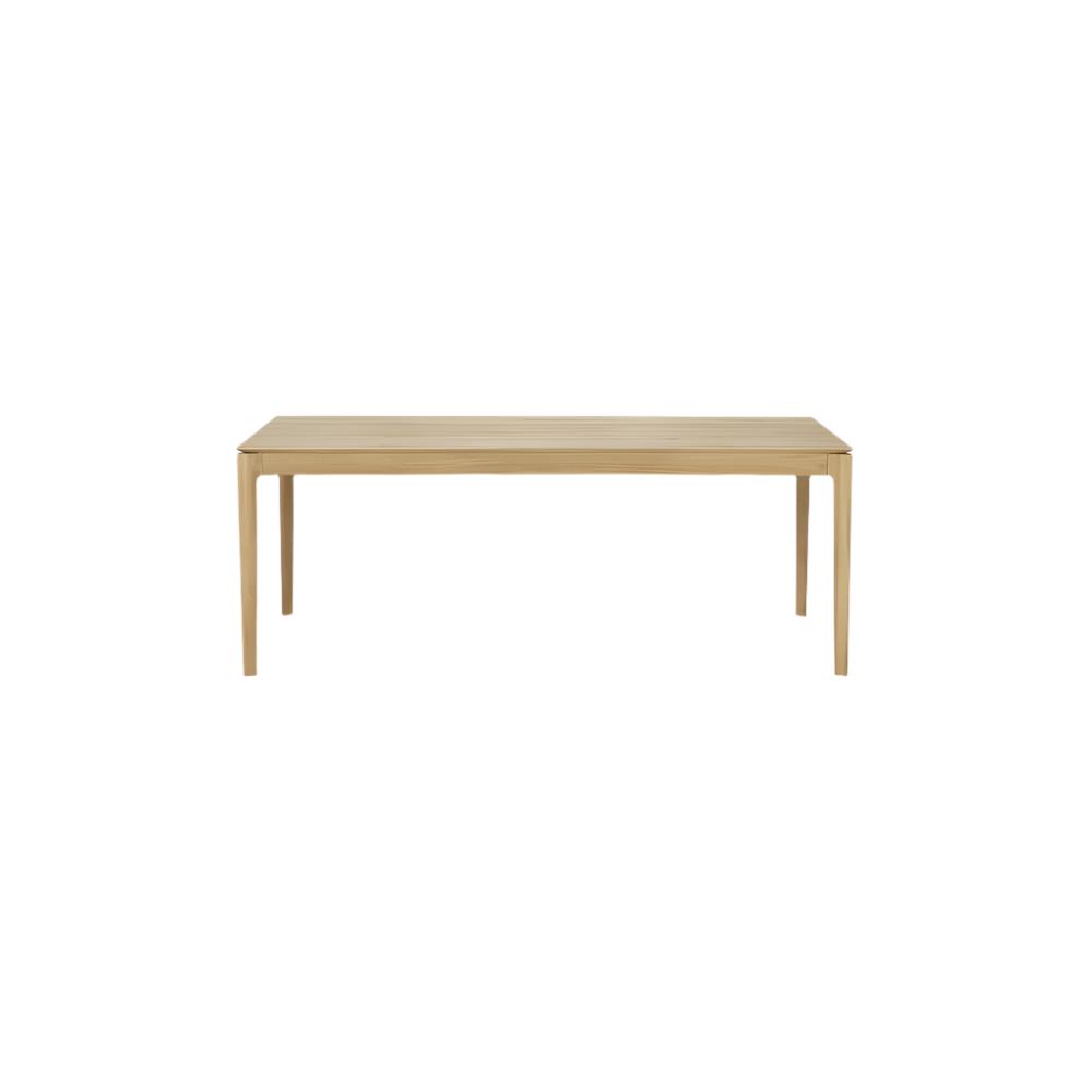 Table à manger extensible contemporaine en chêne massif avec plateau rectangulaire et piètement ajouré pour salle à manger