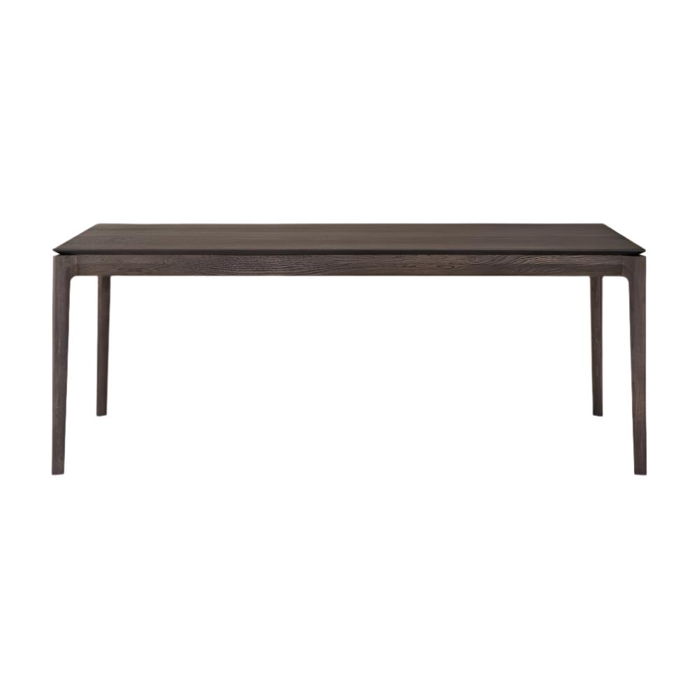 Table à manger extensible contemporaine en chêne massif avec plateau rectangulaire et piètement ajouré pour salle à manger